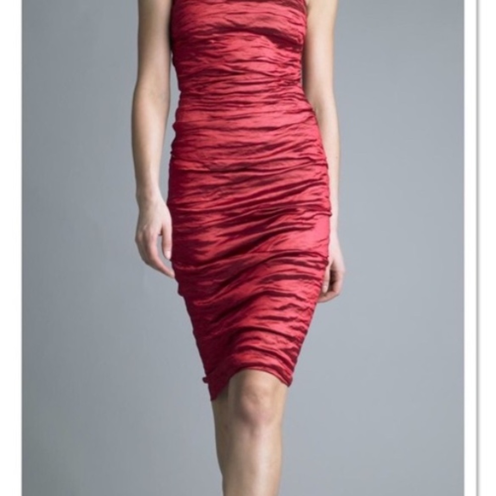 Nicole Miller Red Techno Metal Ruched Bodycon Dress